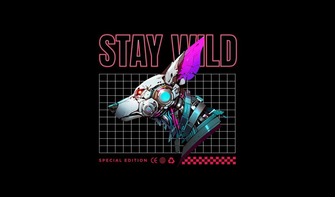 Futuristic cyber dog design with stay wild quote t-shirt design template