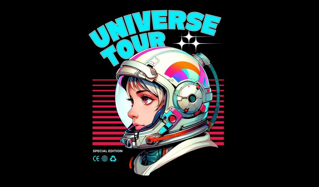 Futuristisches Astronautendesign mit Universumstour-Thema T-Shirt-Designvorlage