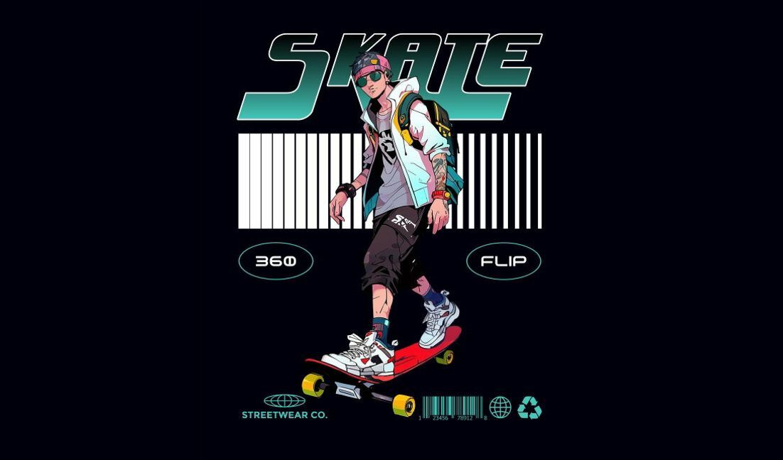 Dynamisches Skateboard-Grafikdesign T-Shirt-Designvorlage