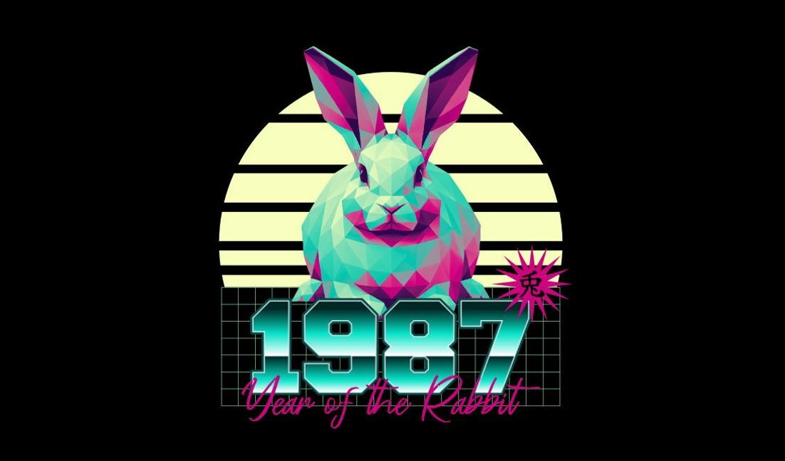 Retro polygonal rabbit design for the year 1987 t-shirt design template