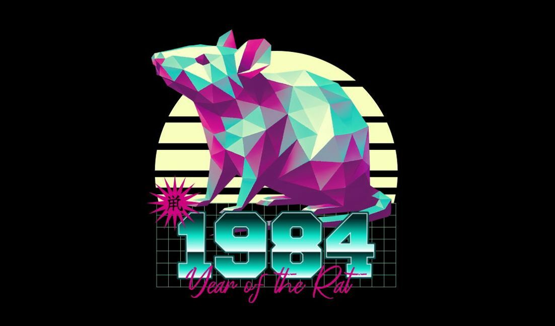 Geometric rat illustration for the year of the rat 1984 t-shirt design template