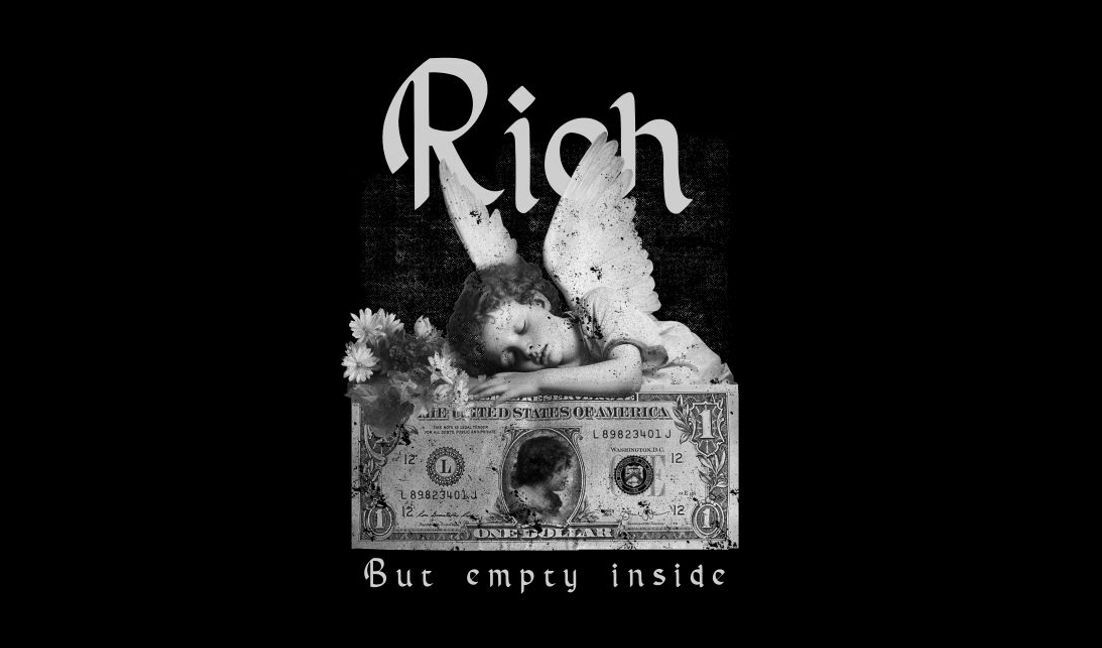 Plantilla de diseño para camiseta Diseño angelical que invita a la reflexión con comentarios sobre la riqueza.