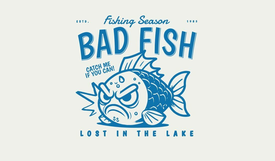 Verspielte Angelsaison-Grafik mit Bad Fish-Design T-Shirt-Designvorlage