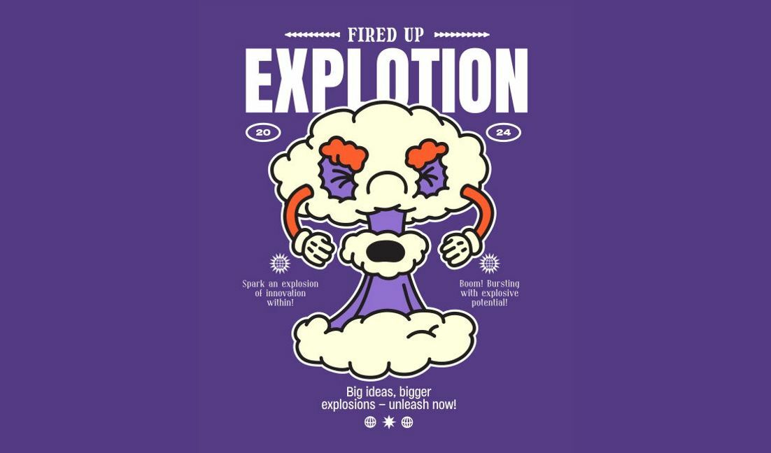 Plantilla de diseño para camiseta Ilustración lúdica con temática de explosiones para la innovación