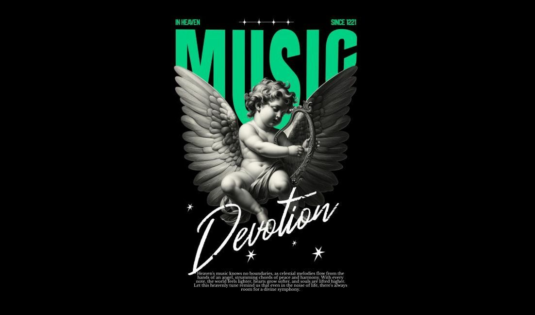 Modelo de design para camiseta Design de devoção musical celestial