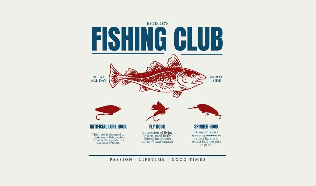 Plantilla de diseño para camiseta Diseño de club de pesca vintage con ilustraciones detalladas de señuelos.