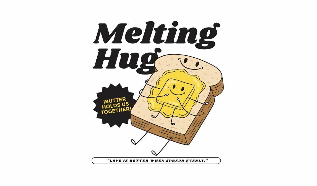 Plantilla de diseño para camiseta Lindo diseño de pan derretido con forma de abrazo y personaje de mantequilla.