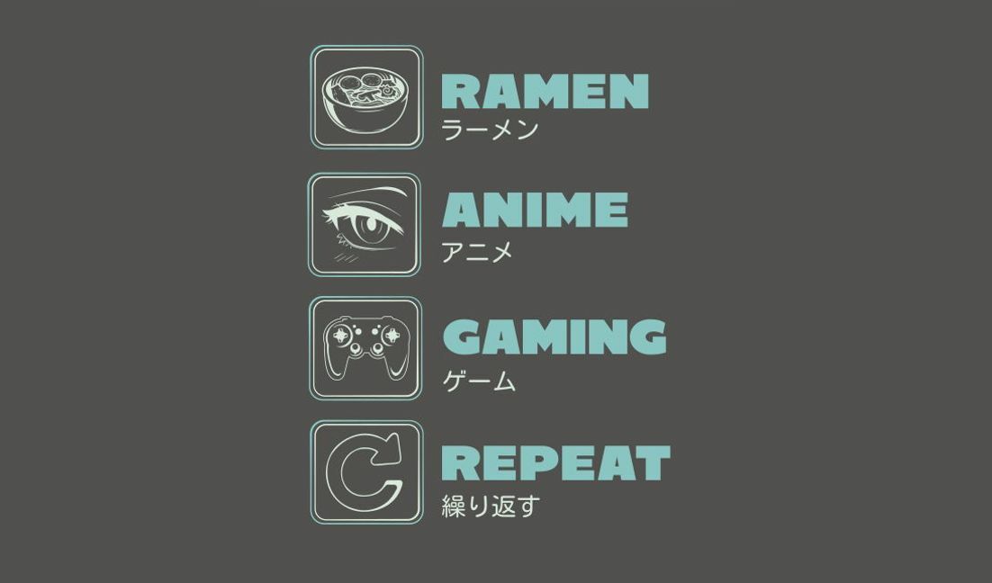 Fun lifestyle graphic design featuring ramen, anime, gaming, and repeat t-shirt design template