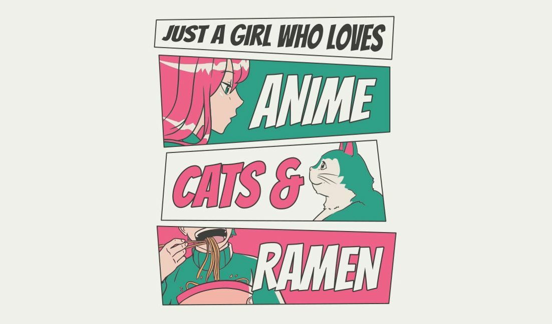 Plantilla de diseño para camiseta Lindo diseño gráfico de chica de anime con gatos y ramen.
