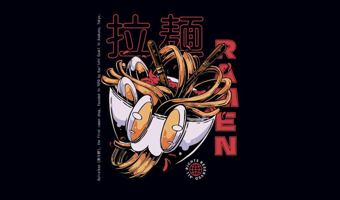 Künstlerisches Ramen-Illustrationsdesign mit Nudeln und Eiern T-Shirt-Designvorlage