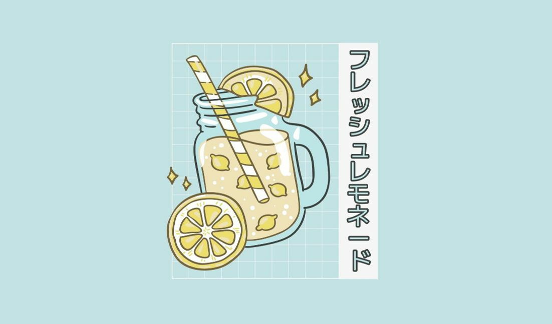 Verspielte Zitronensaft-Illustration mit japanischem Text T-Shirt-Designvorlage