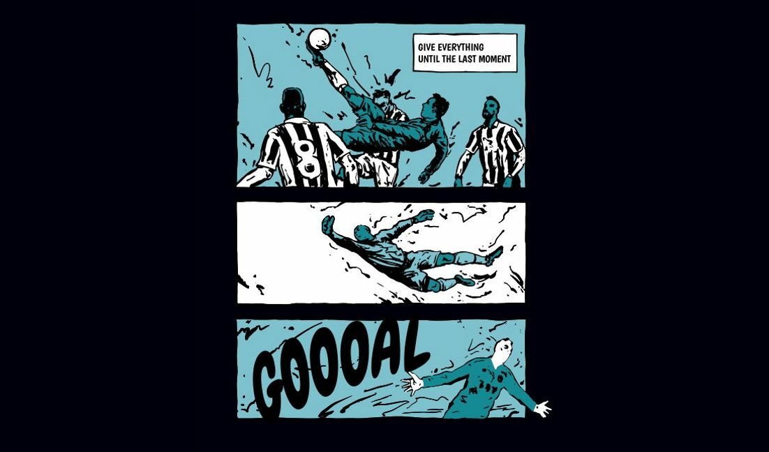 Dynamische Fußball-Comic-Illustration T-Shirt-Designvorlage