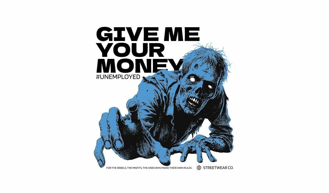 Plantilla de diseño para camiseta Diseño gráfico de zombi vanguardista con texto llamativo