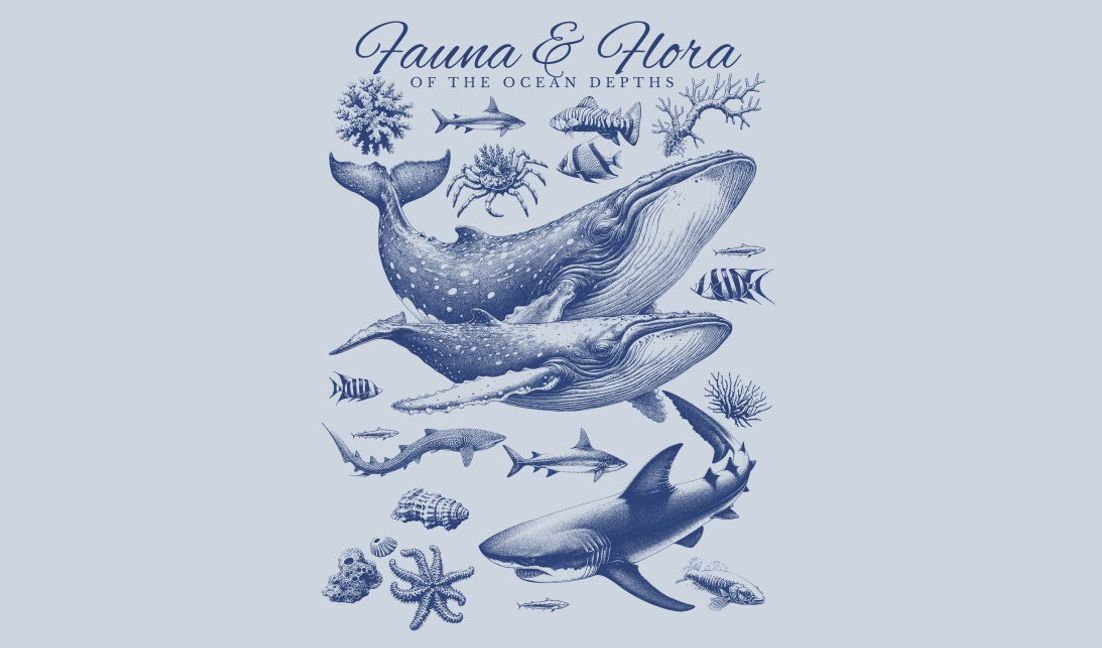 Ocean depths fauna and flora illustration t-shirt design template