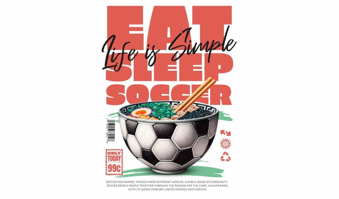 Verspieltes Fußball- und Ramen-Design T-Shirt-Designvorlage