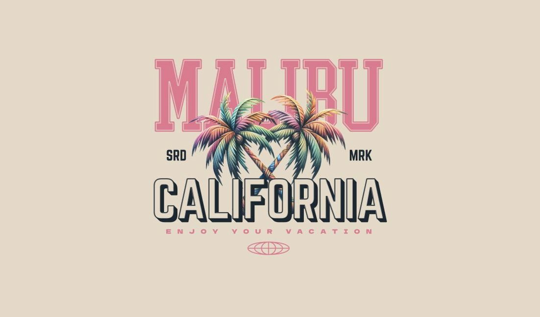 Modelo de design para camiseta Design vintage de férias em Malibu, Califórnia, com palmeiras