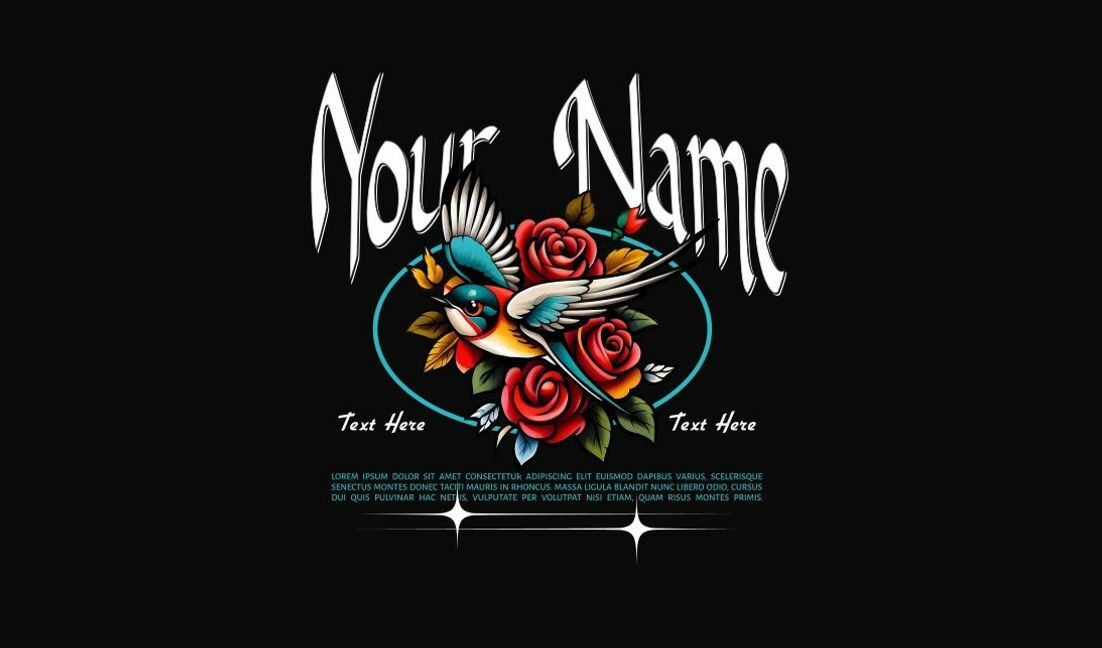 Plantilla de diseño para camiseta Diseño de tatuaje personalizable con rosas y golondrinas.
