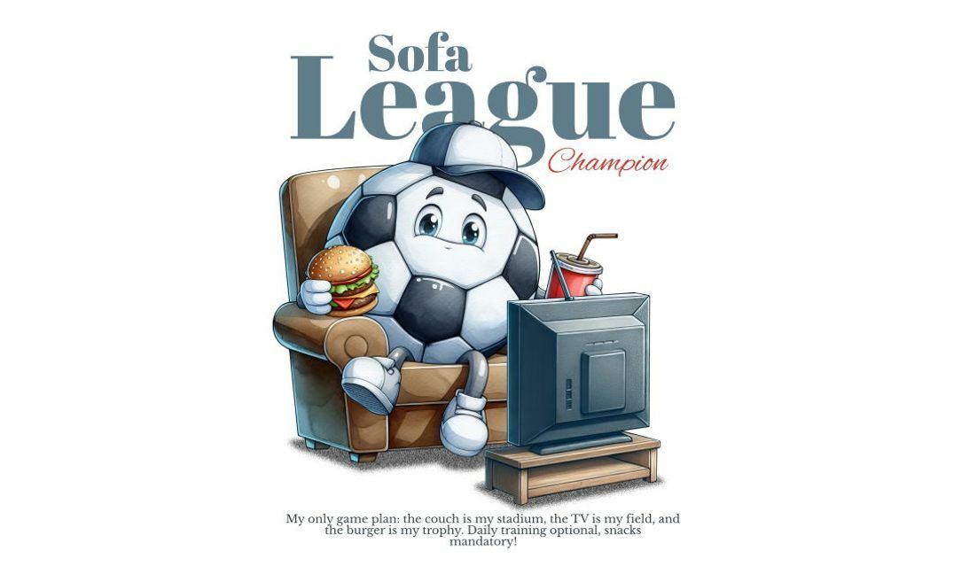 Modelo de design para camiseta Ilustração divertida com tema de futebol para fãs de sofá