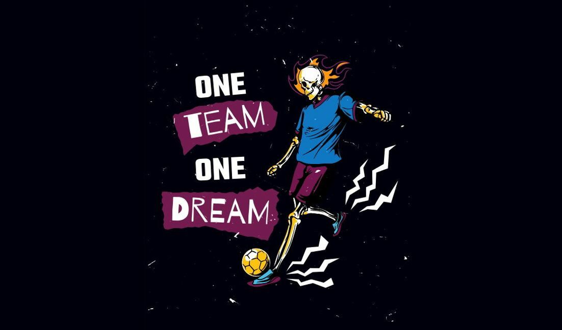 Modelo de design para camiseta Jogador de futebol esqueleto dinâmico com citação motivacional