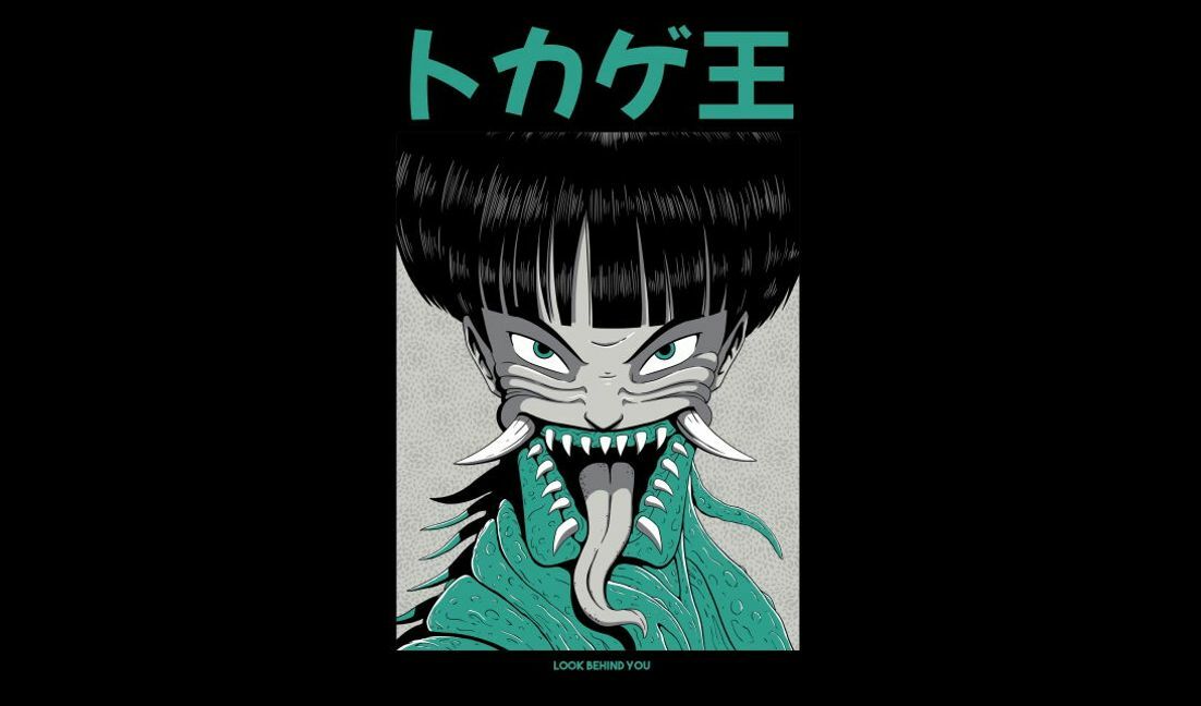 Plantilla de diseño para camiseta Ilustración audaz de un monstruo de anime con una advertencia