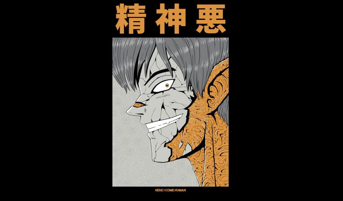 Menacing character illustration with bold text t-shirt design template