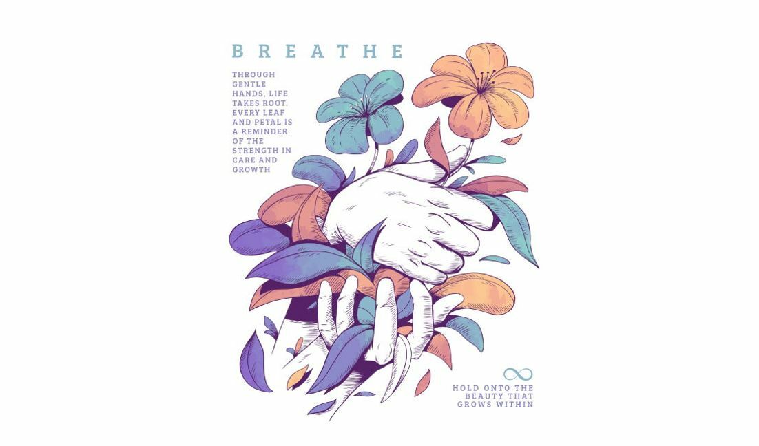 Plantilla de diseño para camiseta Ilustración botánica inspiradora con manos y flores.