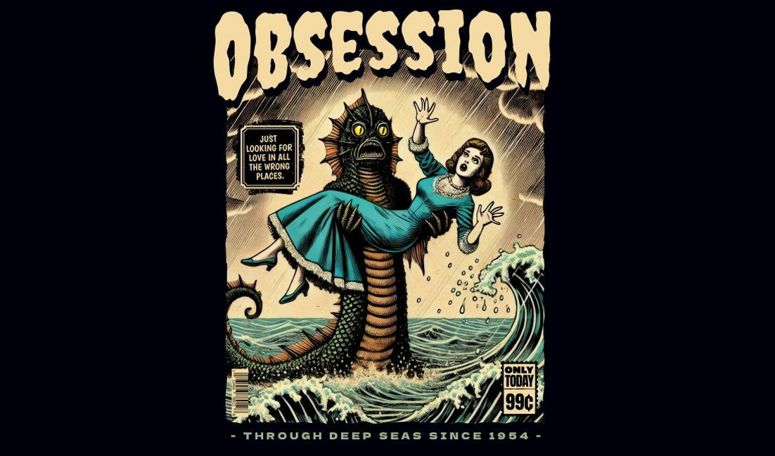 Plantilla de diseño para camiseta Diseño de obsesión de estilo cómic vintage con texto peculiar.