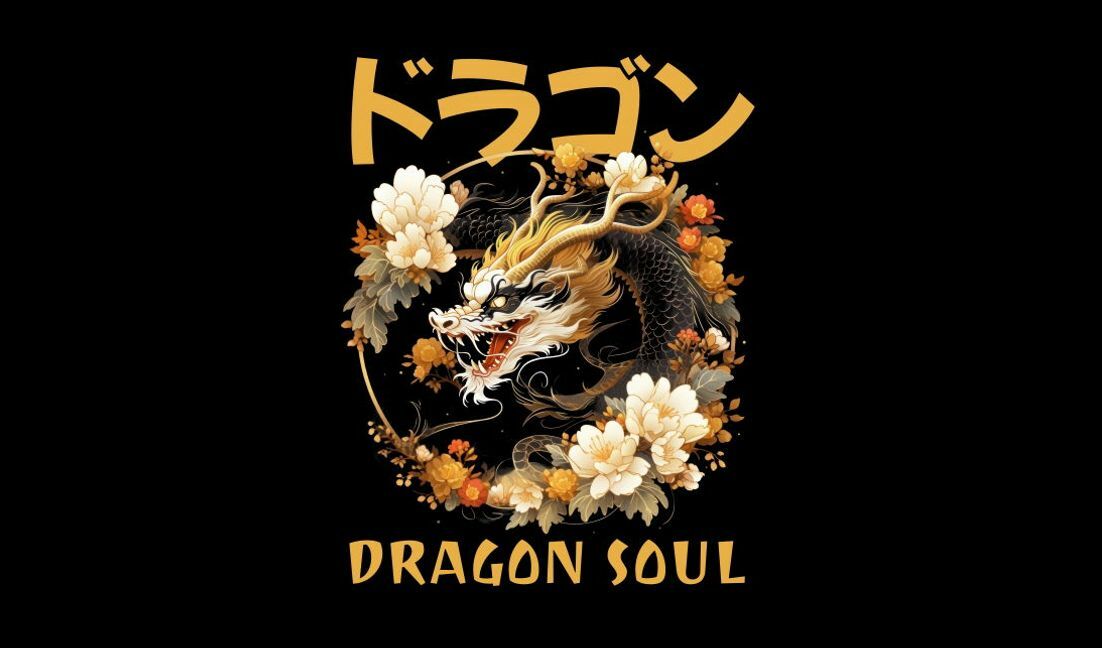 Plantilla de diseño para camiseta Ilustración intrincada de alma de dragón con acentos florales.