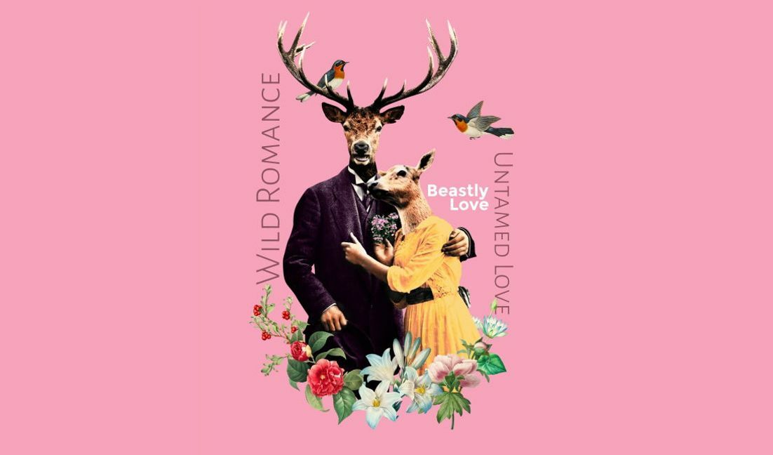 Plantilla de diseño para camiseta Ilustración caprichosa de una pareja de animales con acentos florales