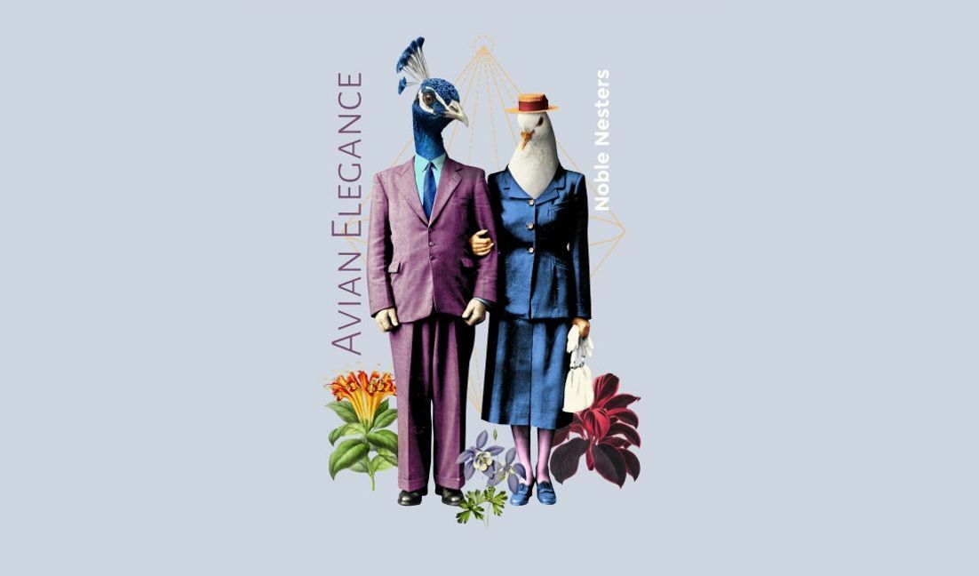 Whimsical avian couple illustration t-shirt design template