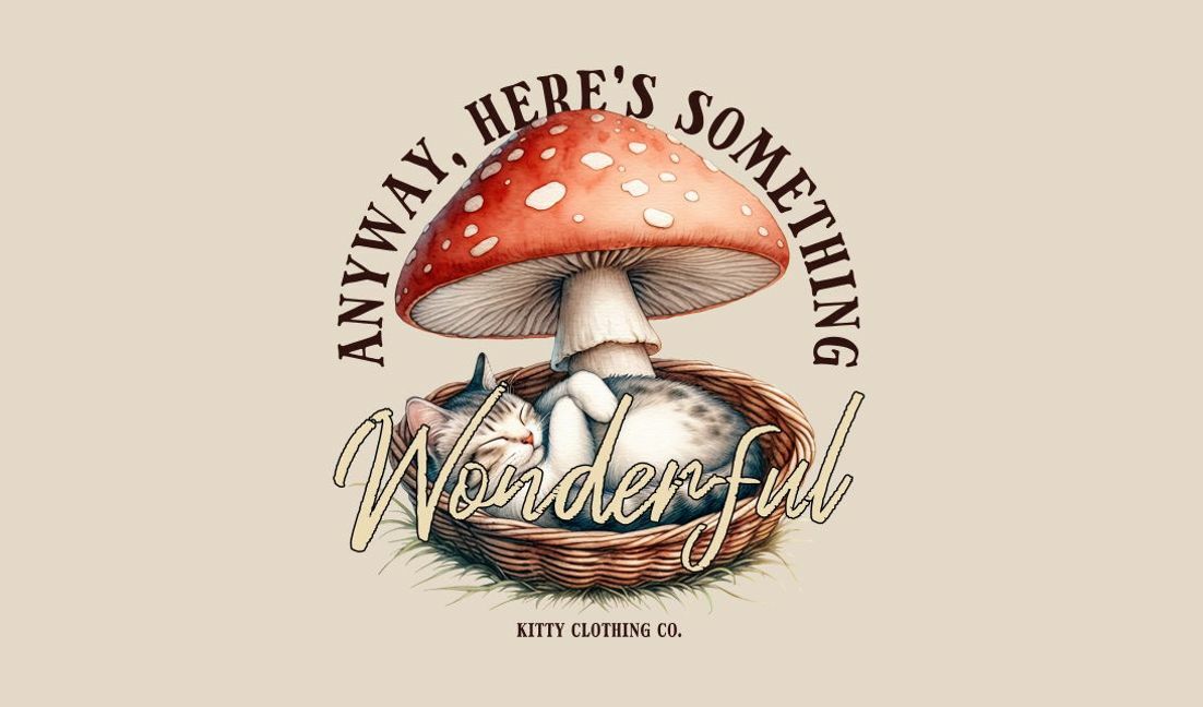 Charming cat and mushroom illustration design t-shirt design template