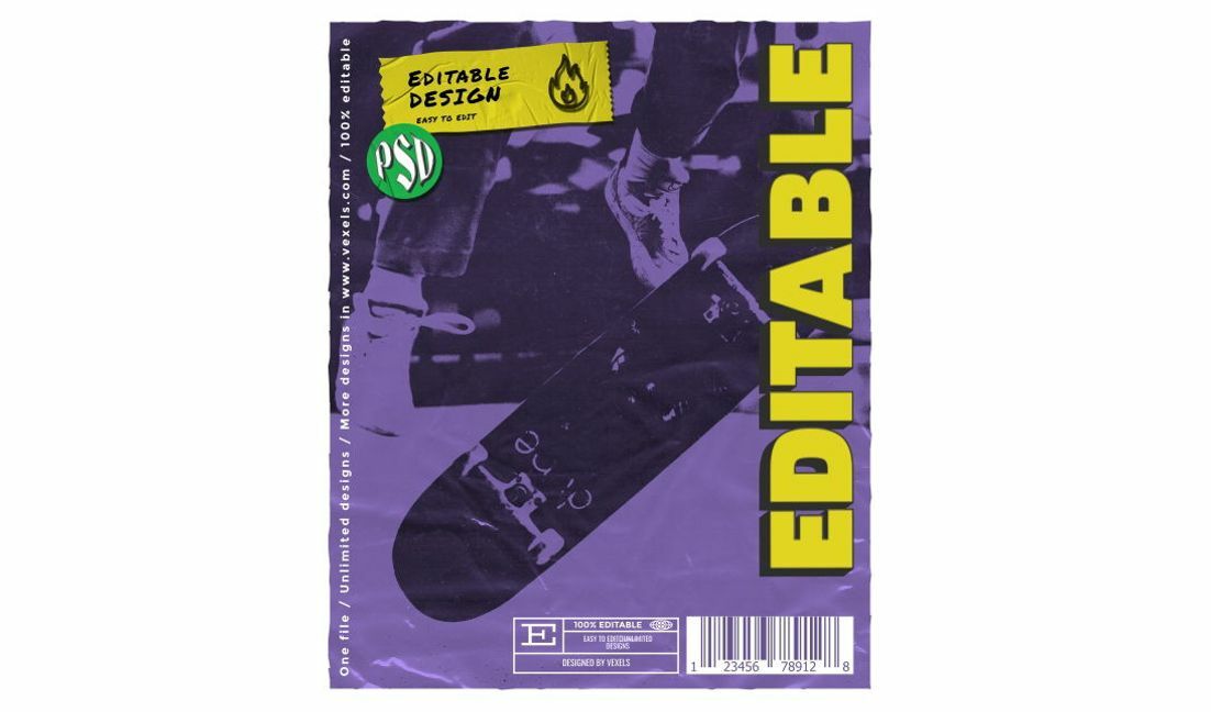 Editable skateboard design for custom graphics t-shirt design template