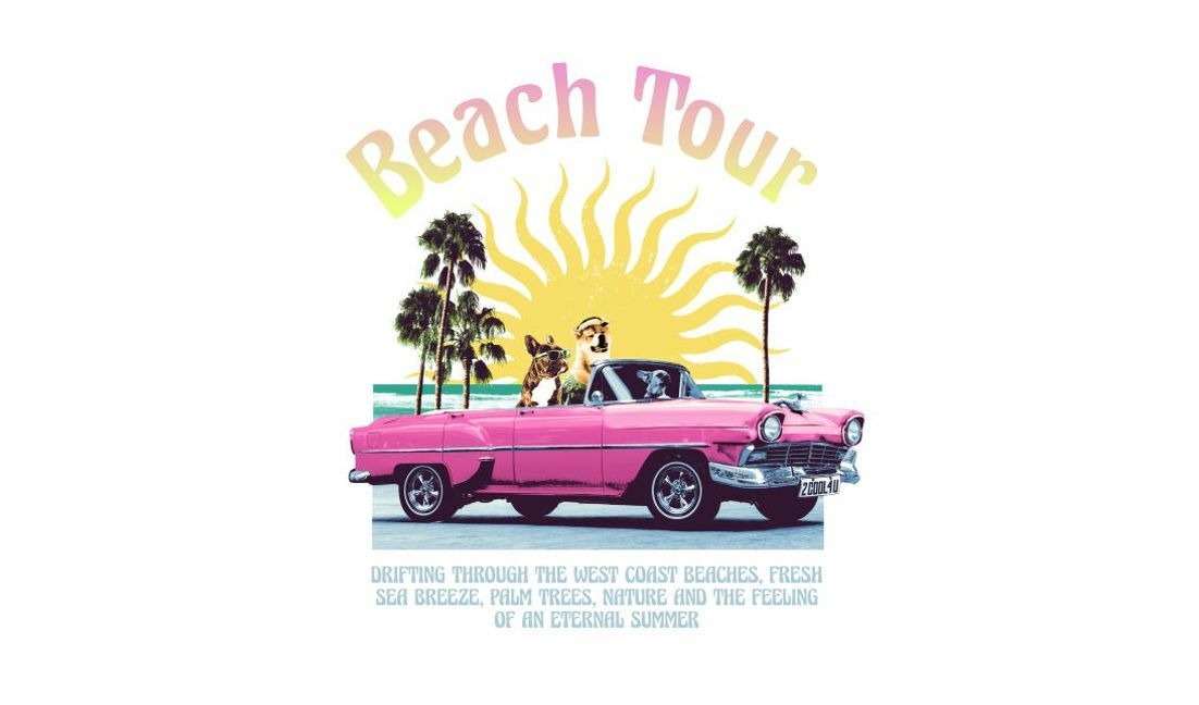 Fun beach tour graphic design featuring classic car and pets t-shirt design template