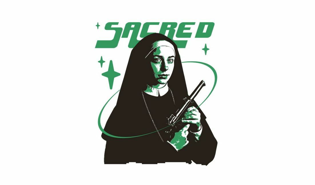 Plantilla de diseño para camiseta Ilustración de monja atrevida con pistola y tema sagrado.