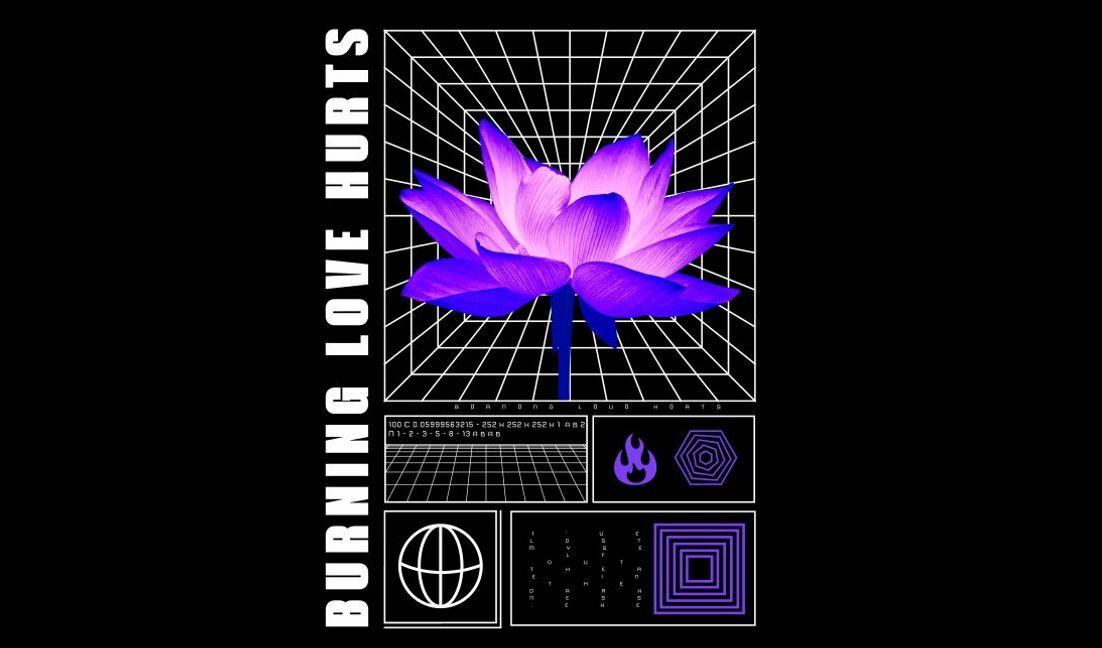 Plantilla de diseño para camiseta Diseño de loto futurista con cita "El amor ardiente duele"