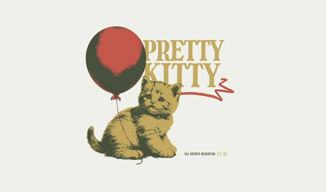 Charming kitten illustration with balloon t-shirt design template