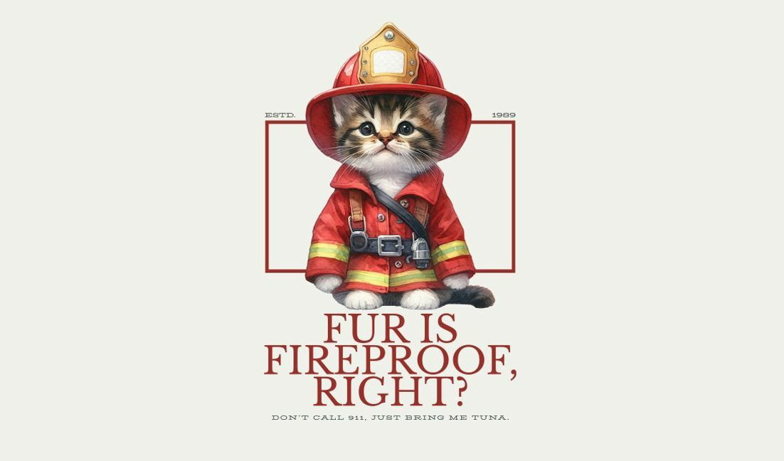 Playful firefighter cat illustration with humorous text t-shirt design template