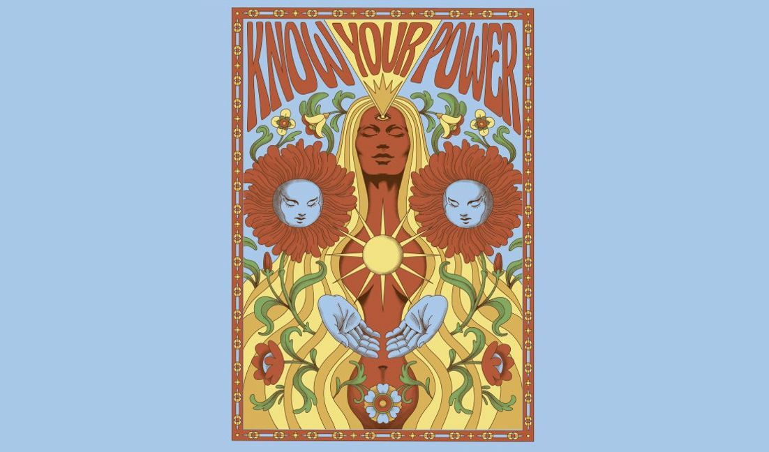 Modelo de design para camiseta Ilustração de deusa empoderadora com motivos florais