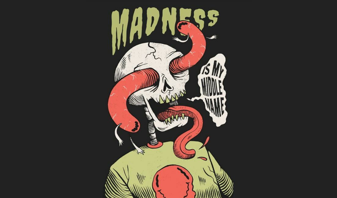 Einzigartiges Grafikdesign mit Totenkopf und Tentakel und Wahnsinnszitat T-Shirt-Designvorlage