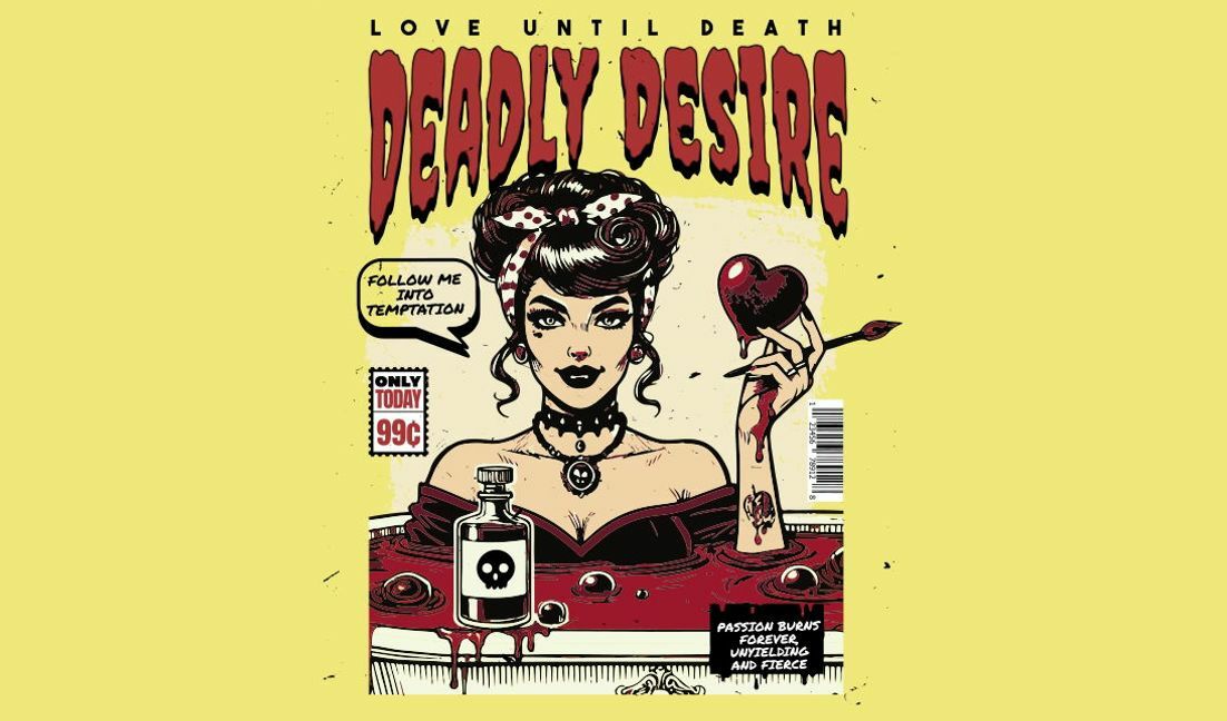 Gothic comic book cover design featuring deadly desire theme t-shirt design template