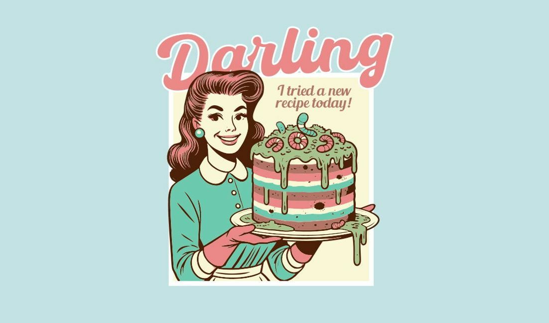 Vintage baking quote with cheerful kitchen scene t-shirt design template