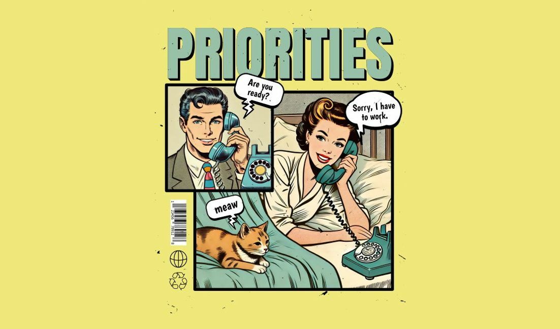 Whimsical retro comic design featuring humorous priorities t-shirt design template