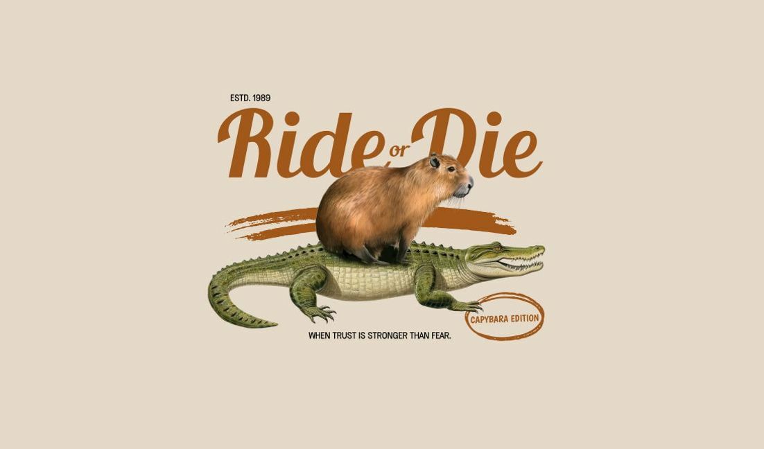 Plantilla de diseño para camiseta Diseño juguetón de capibara y cocodrilo.