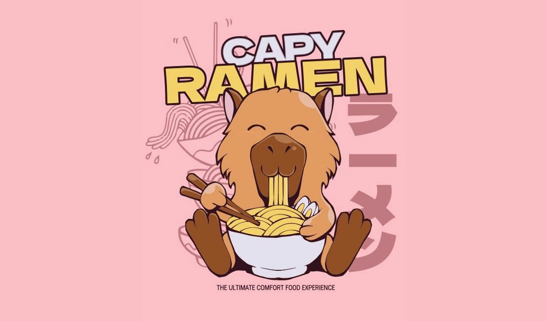 Playful capybara ramen illustration t-shirt design template