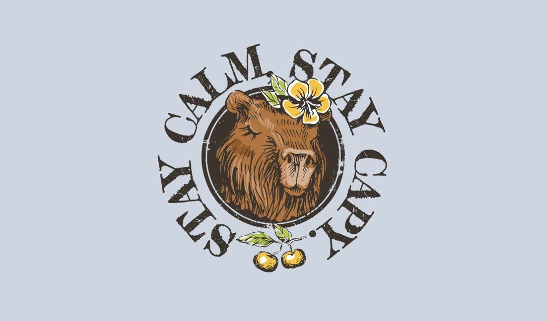 Whimsical bear illustration with stay calm quote t-shirt design template