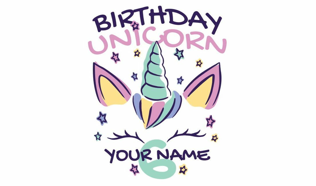 Plantilla de diseño para camiseta Diseño de unicornio de cumpleaños con nombre personalizable.