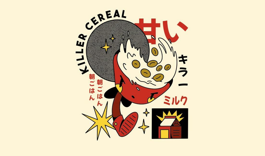 Playful killer cereal cartoon design t-shirt design template