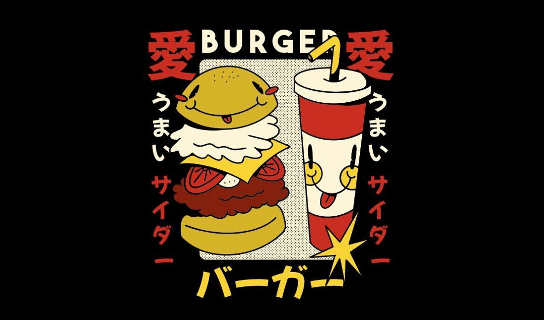 Plantilla de diseño para camiseta Diseño de ilustración de hamburguesa y refresco divertido