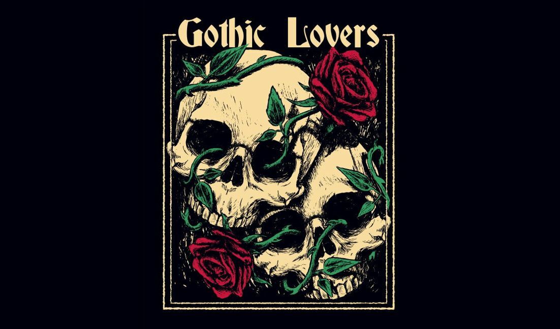 Plantilla de diseño para camiseta Ilustración de calavera de amantes góticos con rosas