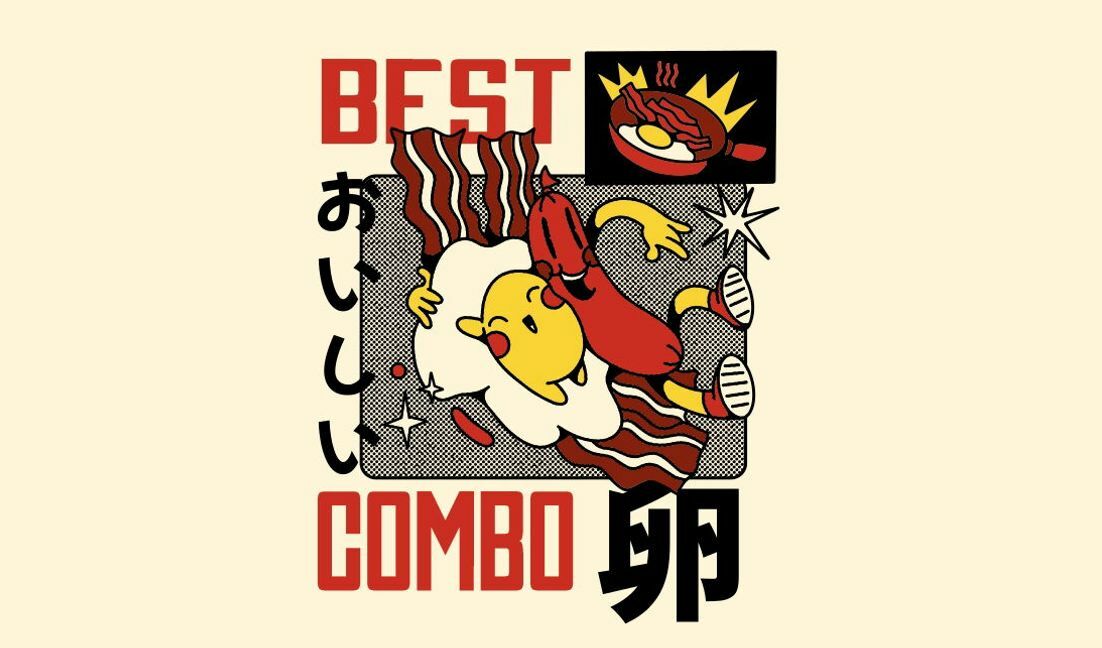 Verspieltes Food-Combo-Design mit Ei und Speck T-Shirt-Designvorlage